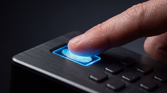 A human finger pressing a biometric fingerprint scanner on a dark metallic surface with a ad social media download thambnail poster web template event festival 2026 2027 2028