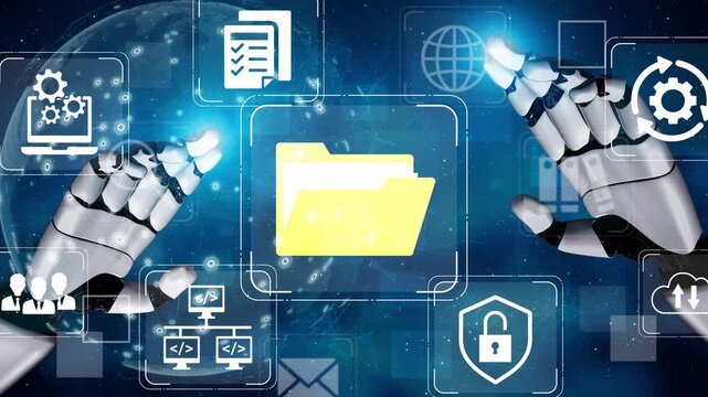 Futuristic robotic hands interacting with digital icons around a yellow folder symbolizing data management and technology in a high-tech environment. Entropy.