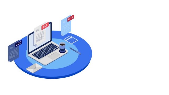 Isometric 3D vector illustration of a laptop desk showing document files. Concept of online office workspace, file management, document transfer, and digital workflow.