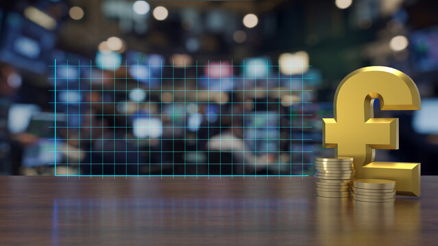 Blank chart template with golden pound symbol and coins on wooden table