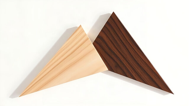 Light birch and dark walnut wooden triangles in arrowhead arrangement, minimal directional concept