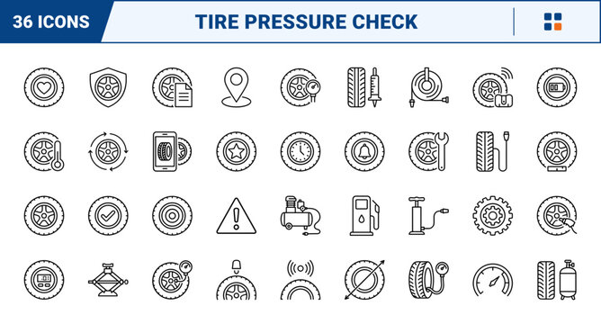 Car Tire Tire Pressure Check Web Icon Set in Linear Style. Collection of auto maintenance line icons, including pressure gauge, air compressor, inflation nozzle, tread gauge and more.