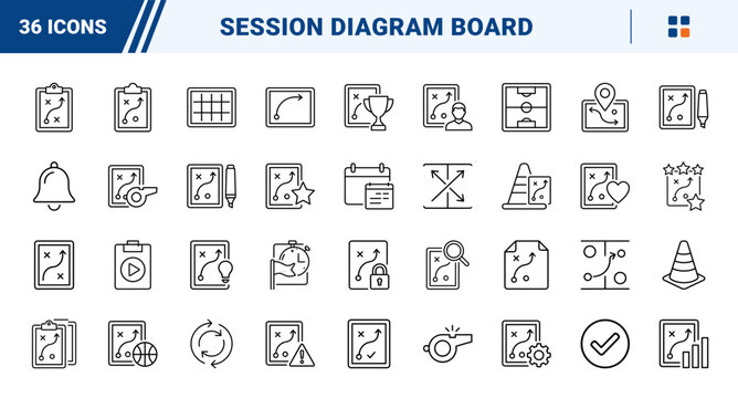 Drill Diagram Board Session Design Web Icon Set in Linear Style. Collection of Playbook Strategy line icons, including field layout, play arrow, tactic route, whistle, stopwatch and more.