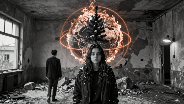 Desolate Abandoned Interior with Burning Globe and Christmas Tree Headpiece