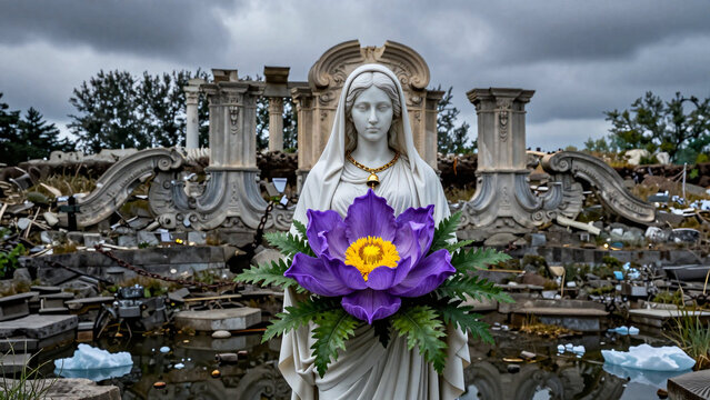 White Marble Statue Amidst Ruined Classical Architecture with Purple Flower