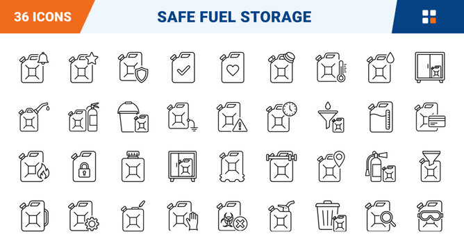 Fuel Can Fuel Storage Safety Web Icon Set in Linear Style. Collection of Gas Can Line Icons, including fuel storage, safety cap, hazard warning, fire protection, vent valve, spout, lock and more.