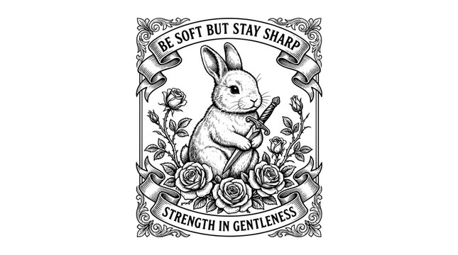 Engraved illustration of a rabbit holding a sword with flowers and text about strength and gentleness