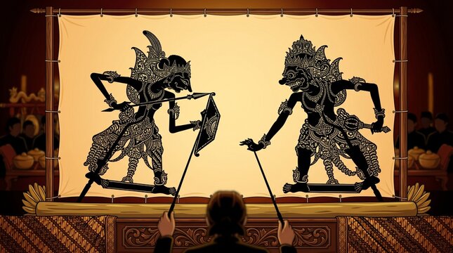 Traditional Javanese Wayang Shadow Puppet Performance on Stage