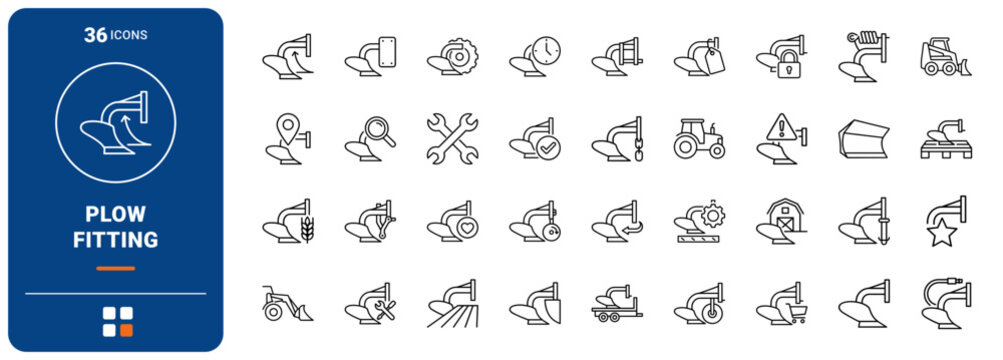 Plow Attachment Fitting Web Icon Set in Linear Style. Collection of Farm Equipment line icons, including mounting bracket, quick hitch, hydraulic cylinder, angled blade, skid shoe and more.