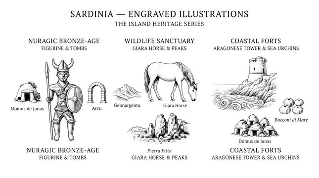 Engraved illustrations of Sardinia showcasing historical landmarks and wildlife