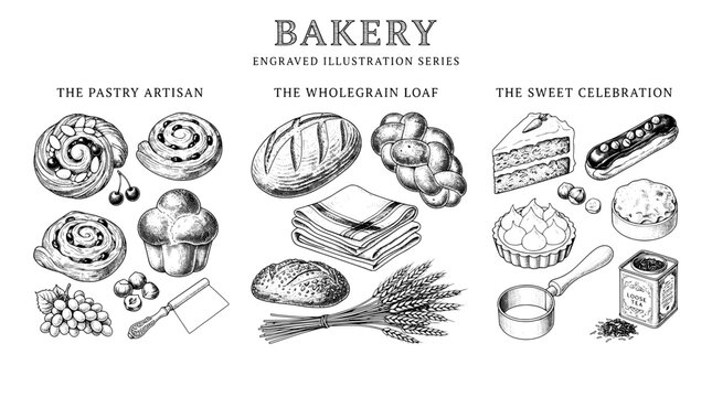 Engraved illustration of bakery items showcasing pastry, wholegrain loaf, and sweet treats in black and white design