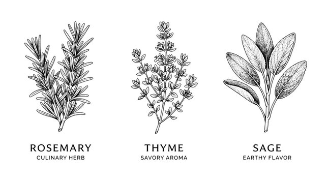 Premium engraved illustration of three culinary herbs rosemary, thyme, and sage in black vector style
