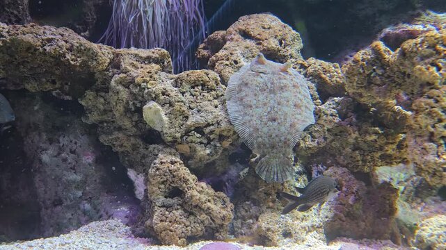 Tracking pan shot of flatfish and flounder climbing rock in indoor aquarium with swimming fish and sea anemone