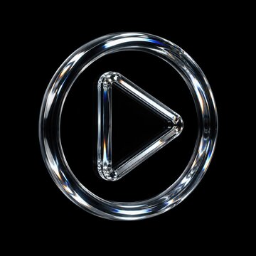 3D Glass Play Button Icon, Transparent Glossy Tube Design with Iridescent Light Refraction, Isolated on Black Background, Digital Illustration