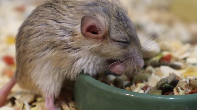 Side View of Dwarf Hamster Eating from a Food Bowl