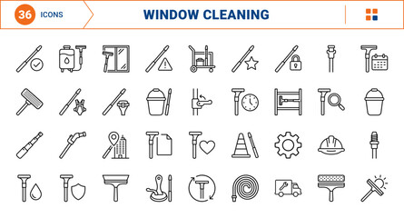 Fototapeta premium Window Cleaning Pole Commercial Window Contract Web Icon Set in Linear Style. Collection of High Rise Service line icons, including cleaning pole, squeegee head, telescopic shaft and more.