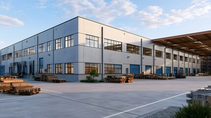 Naklejka premium Modern industrial warehouse building with large and loading bays under a partly cloudy sky
