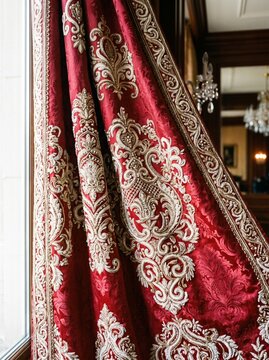 Luxury red velvet curtain with embroidered gold damask pattern by window
