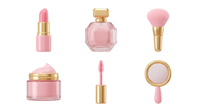 Set of pink makeup beauty products and cosmetic accessories isolated on white background, illustration