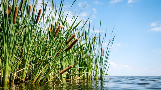 Close-up of green reeds and brown cattails growing in a water garden. Aquatic plants in a lake against a blue sky