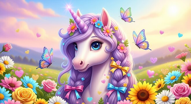 A whimsical unicorn with flowing purple mane adorned with flowers and ribbons in a vibrant meadow. Perfect for children's books, greeting cards, and magical themed designs.