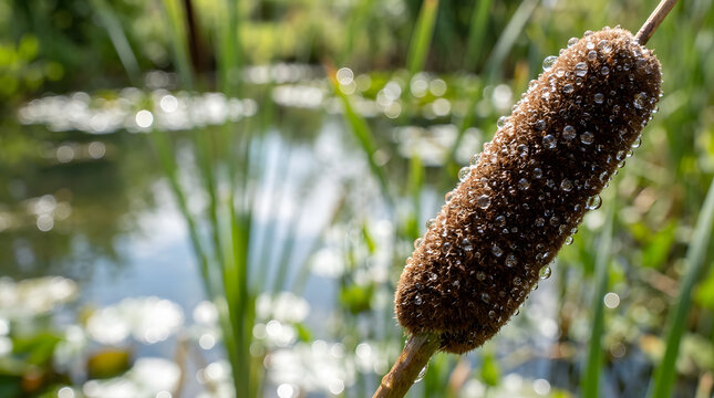 Macro close-up of a brown cattail covered in water droplets. Wet aquatic plant with blurred pond bokeh background