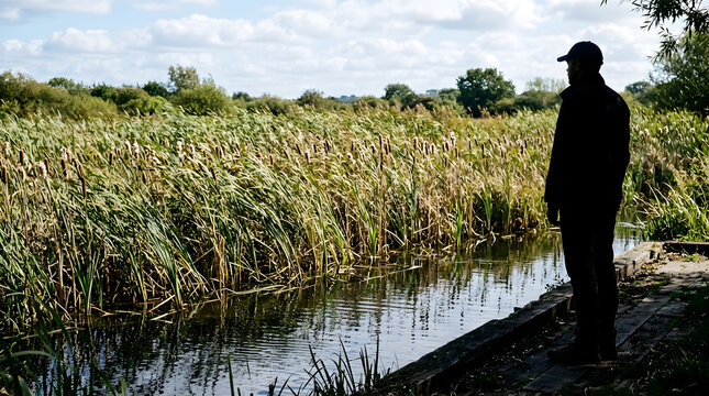 Silhouette of a man standing by a water garden looking at dense cattails. Male on a wooden dock near a marsh