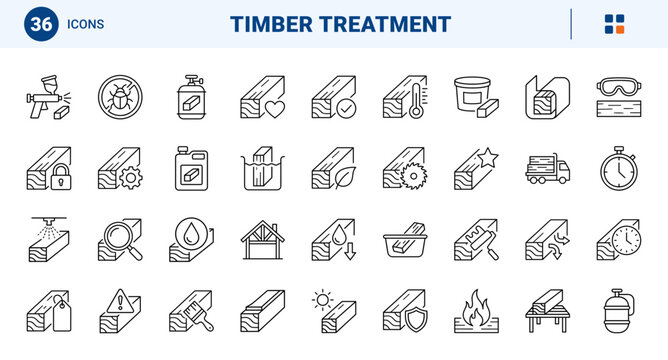 Timber Beam Treatment Web Icon Set in Linear Style. Collection of Wood Preservation line icons, including spray coating, pressure cylinder, fluid tank, bug protection, termite shield and more.
