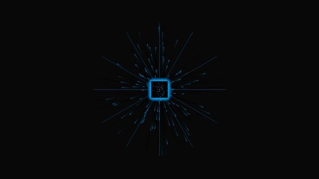 Abstract glowing square with radiating lines on dark background, digital technology concept.