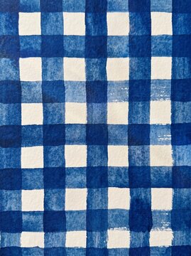 Hand painted blue watercolor gingham pattern background
