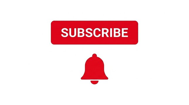 Red subscribe button with bell notification icon isolated on plain white background for social media