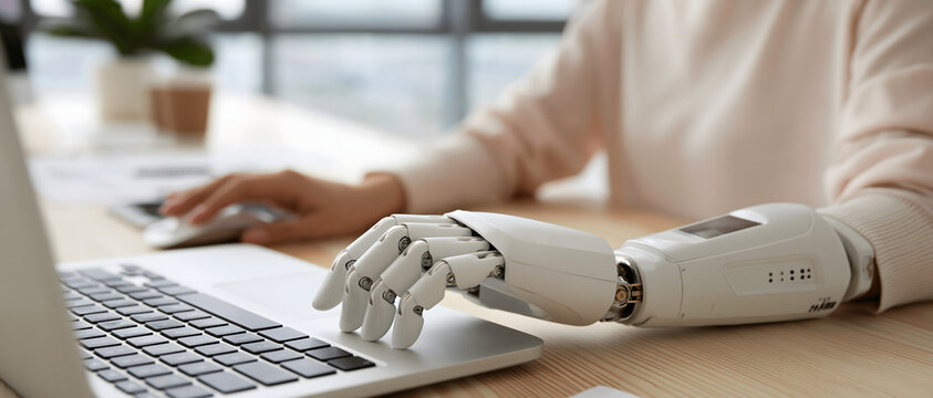 Robotic prosthetic hand typing on a laptop keyboard modern technology scene artificial limb bionic device arm mechanical cybernetic replacement prosthesis automation future innovation