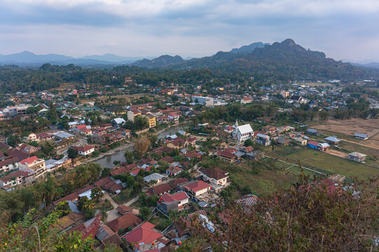 Panoramic view of Rantepao town surrounded by lush mountains from Singki Hill in North Toraja South Sulawesi Indonesia