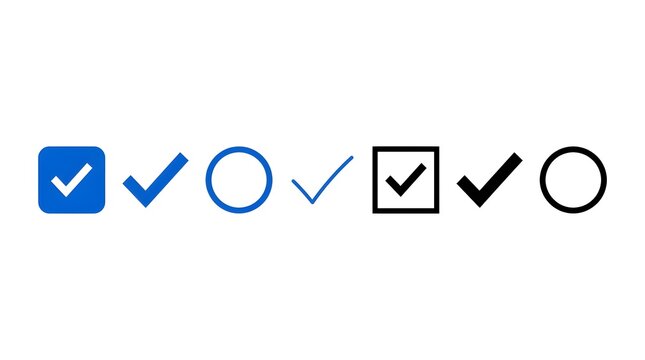 Minimalist check mark icon set, blue and black tick symbols for interface design, digital checkbox and radio button elements on white background