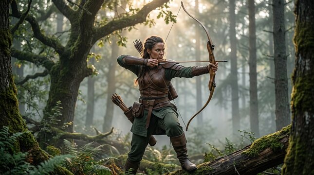 Skilled female ranger wearing green tunic and leather chest plate aims wooden bow while standing on fallen log in sunlit misty forest during morning.