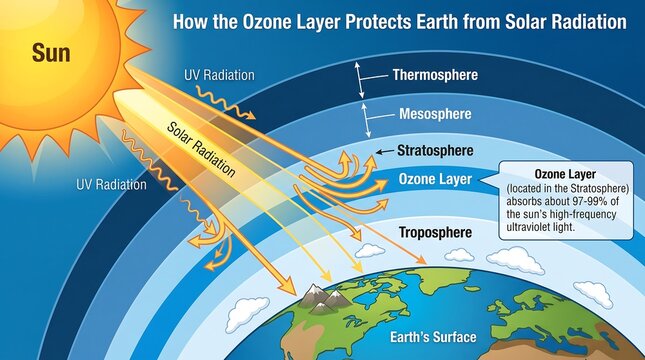 Educational ozone layer diagram showing solar radiation protection, atmospheric layers of Earth, scientific climate change illustration