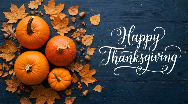 Festive pumpkins and autumn leaves arranged on a rustic dark wooden background for thanksgiving holiday celebration