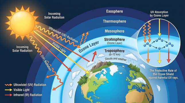 Educational earth atmosphere diagram showing ozone layer protection, solar radiation layers and atmospheric levels infographic