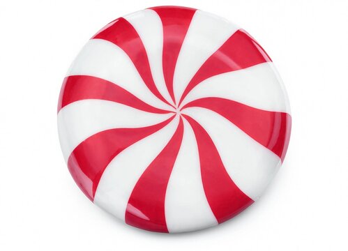 Round peppermint candy with swirling red and white stripes isolated on a white background