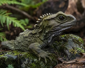 Fototapeta premium A wild tuatara (Sphenodon punctatus) basking naturally on a weathered moss-covered rock in its native forest habitat