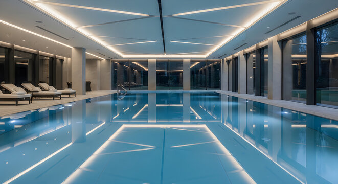 Modern indoor swimming pool with clean blue water and luxury lounge chairs in a spa interior design