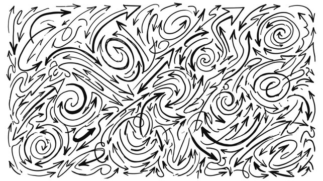 Abstract background featuring a hand drawn ink brush stroke pattern with many swirling arrows and chaotic directional lines