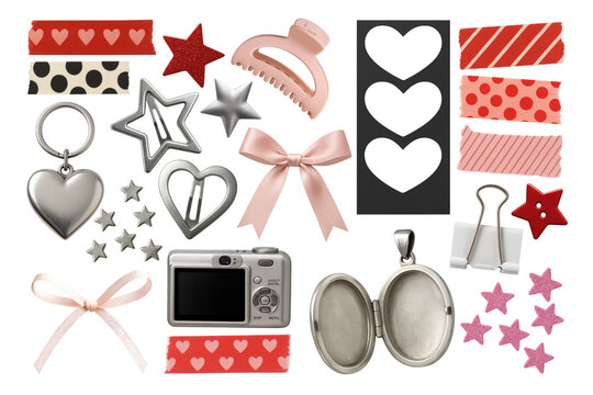 PNG Vintage scrapbooking clipart set with hearts, stars, bows on transparent background