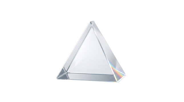 Crystal glass prism for light refraction, triangular optical glass tool, clear pyramid prism for physics science and photography isolated PNG with Transparent Background