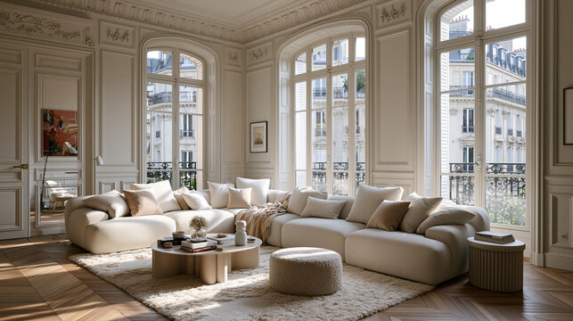 Luxurious Living Room Interior with Beige Sofa in Modern Apartment