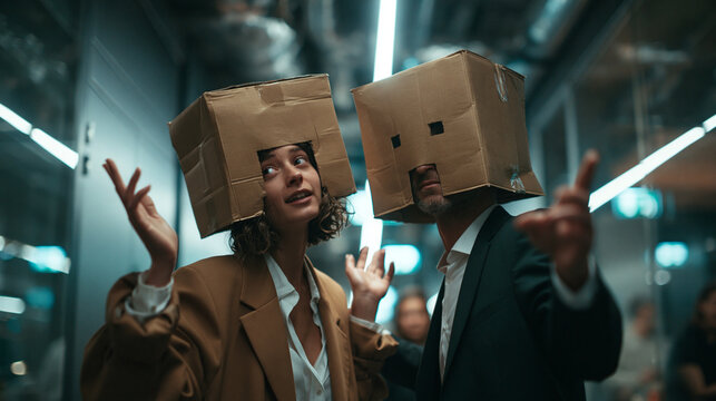 Playful Business Colleagues Wearing Cardboard Boxes on Heads in Office