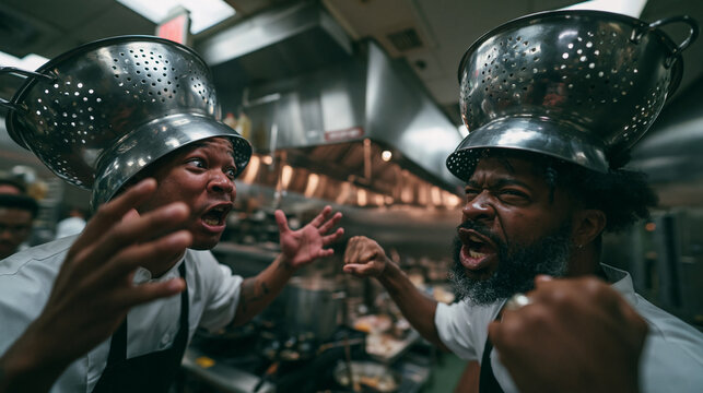 Funny Chefs Wearing Colanders Screaming in Commercial Kitchen