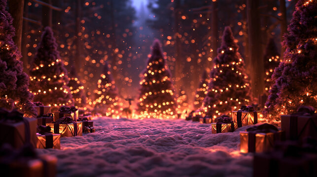 Magical Christmas Forest with Glowing Lights and Gift Boxes in Snow