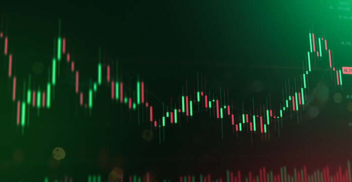  Financial trading chart with green and red candlesticks on dark background, glowing market graph for cryptocurrency, stock market analysis, investment and digital finance