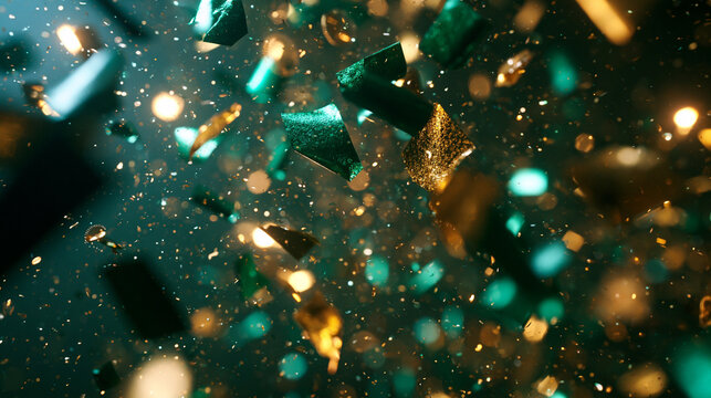 Green and Gold Confetti Falling Against Dark Bokeh Background